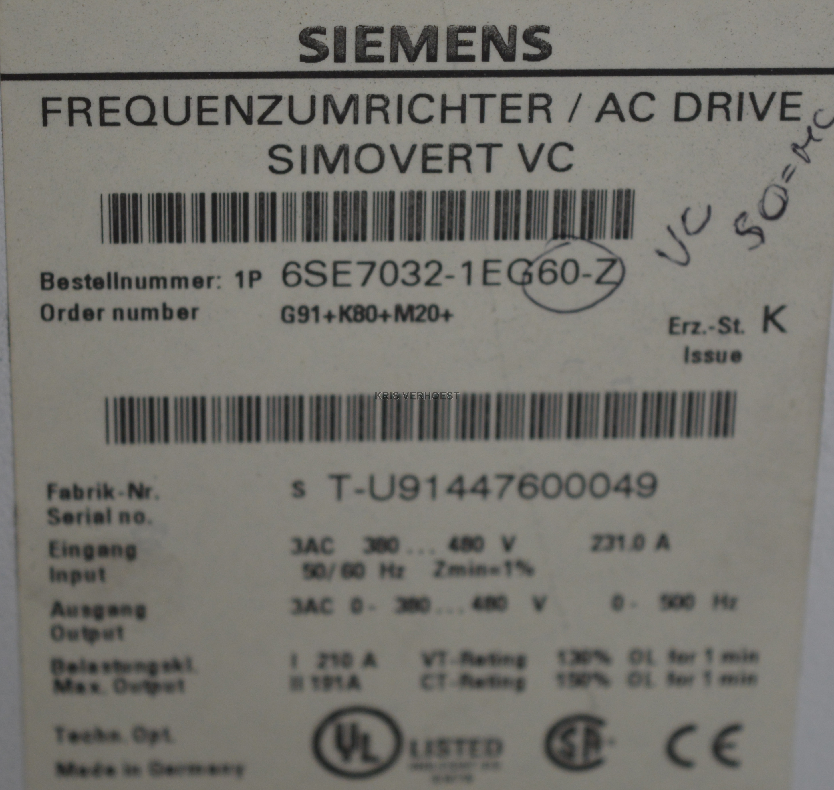 Siemens 6SE7032-1EG60-Z (Z=G91+K80+M20) (NEW)